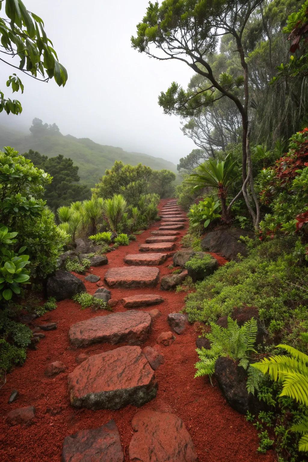 Red lava rocks as pathway fillers create a cohesive and natural look.