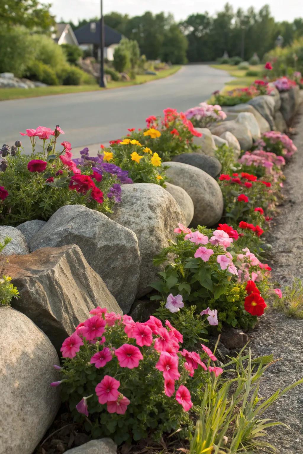 Rock borders enhancing vibrant garden beds