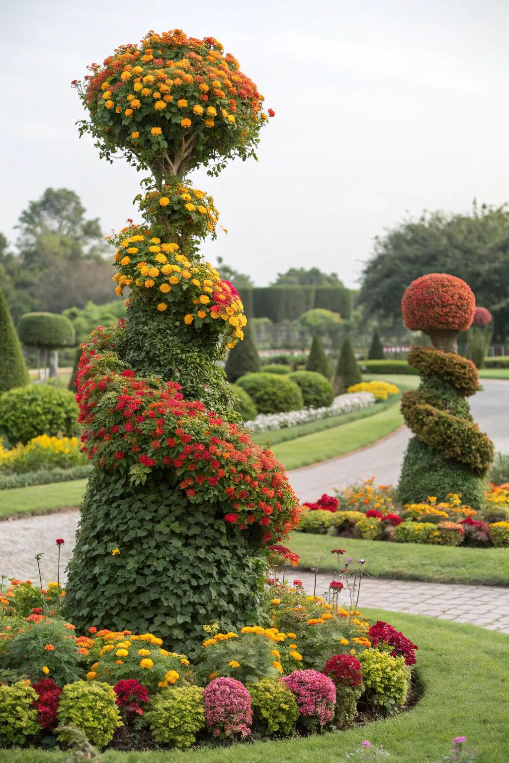 Lantana flowers crafted into living sculptures, adding artistic flair to the garden.