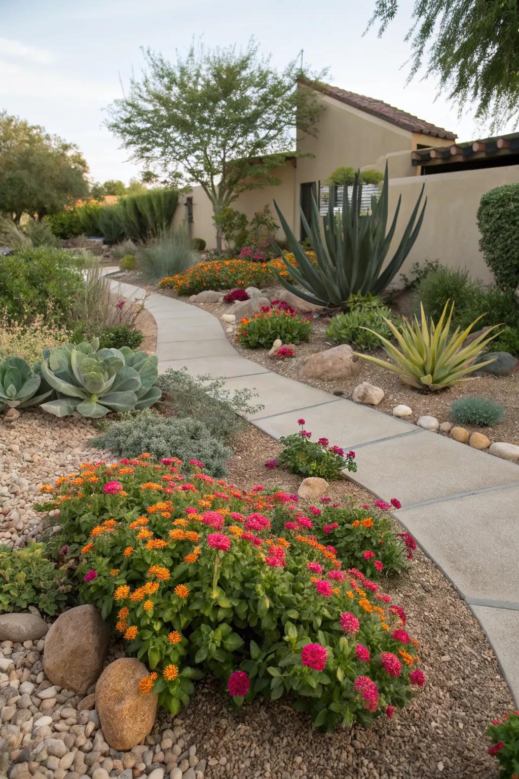 Lantana thrives in xeriscaped gardens, adding color and sustainability.