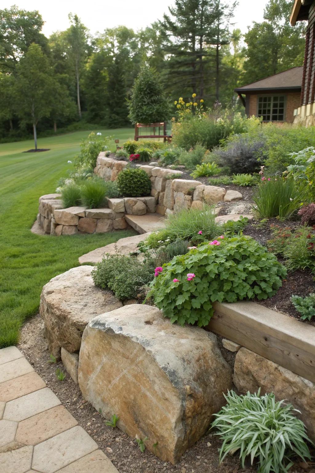 Elevated plant beds with boulders make a bold design statement.