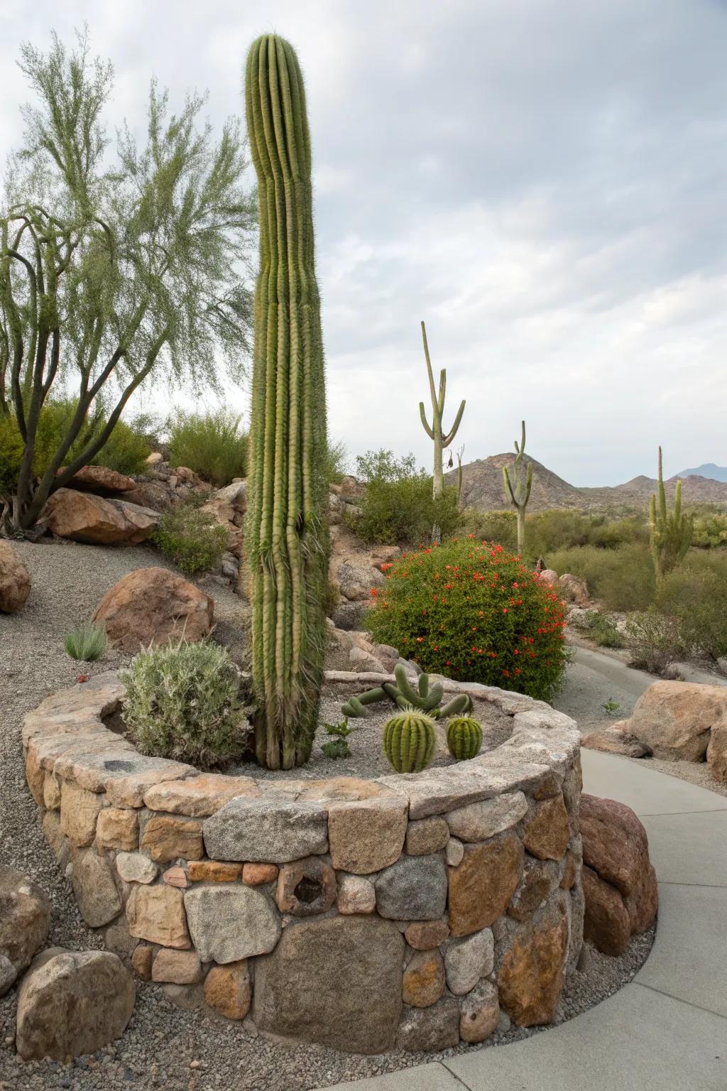 Stone planters offer a natural and grounding aesthetic for cactus arrangements.