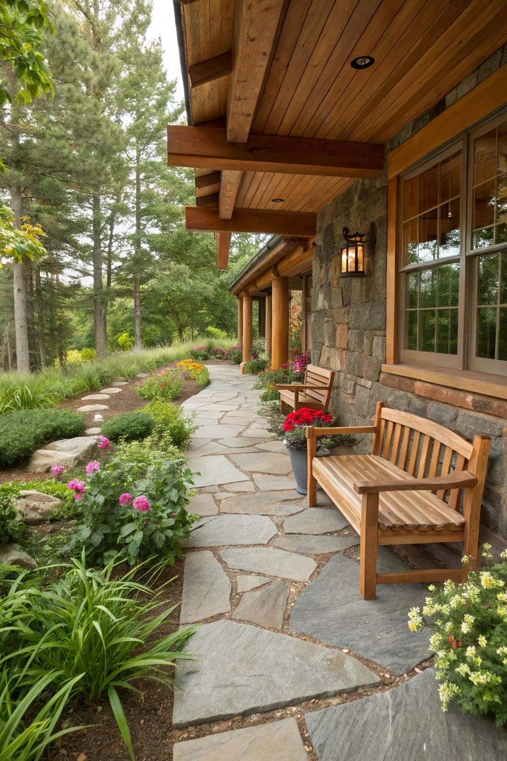 Wood and stone elements bring an earthy touch to your patio.