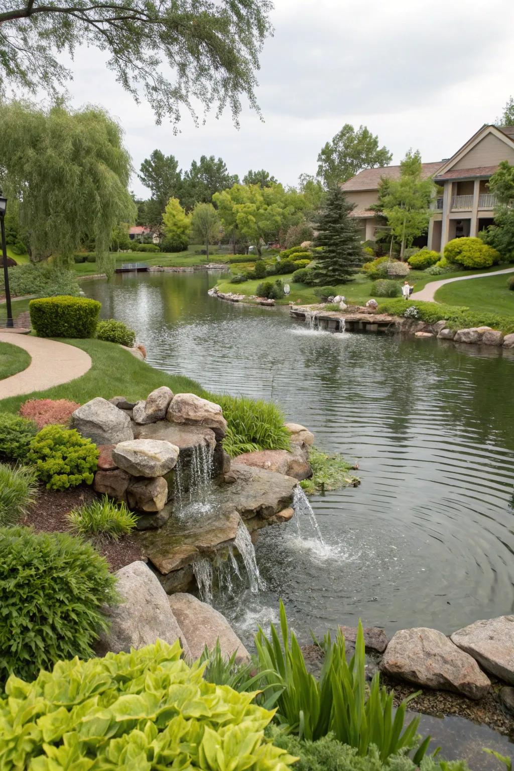 Cascading water features add a dynamic touch to a large pond.