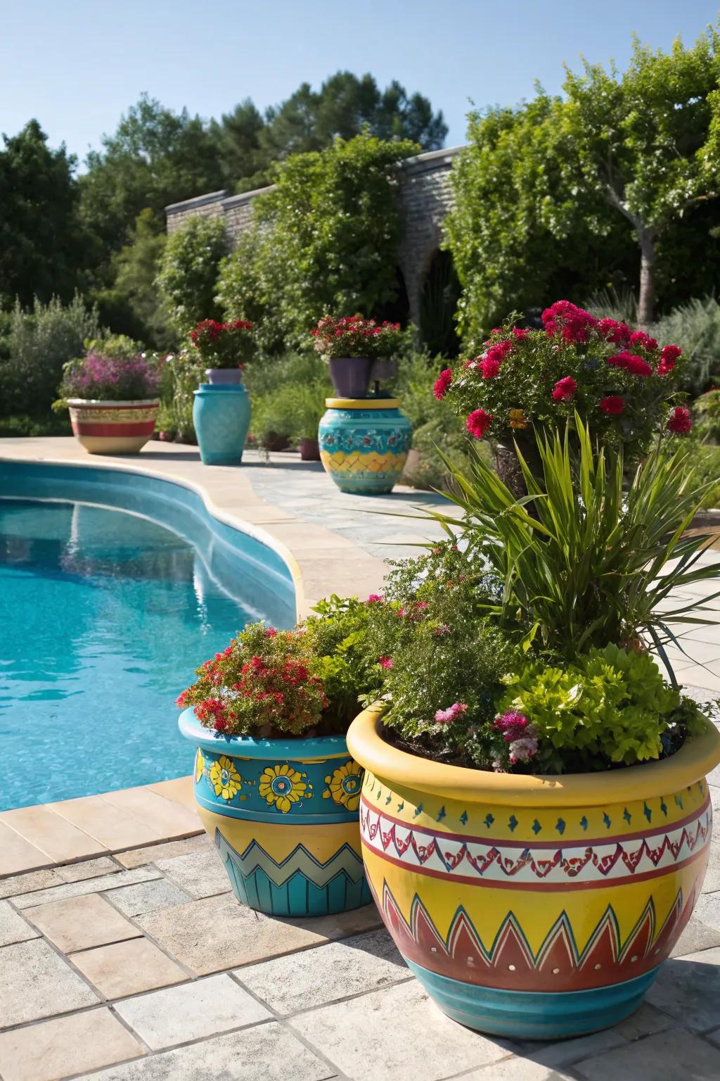 Brighten your poolside with colorful ceramic pots.