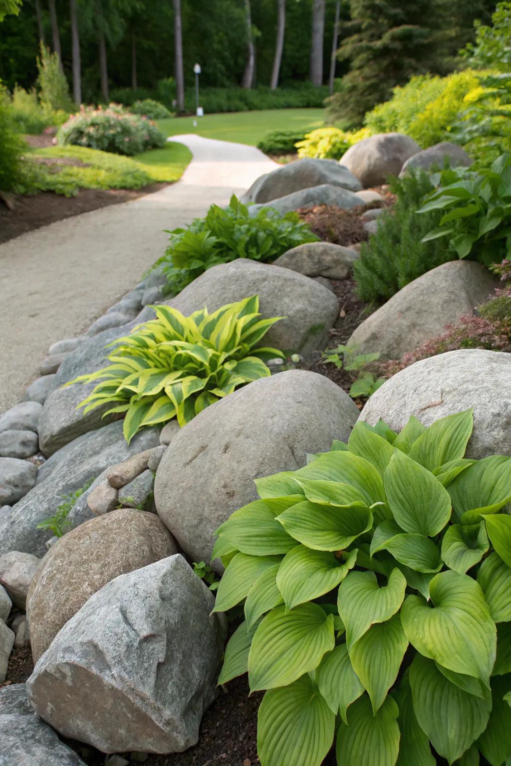 Striking contrast between river rocks and lush greenery.