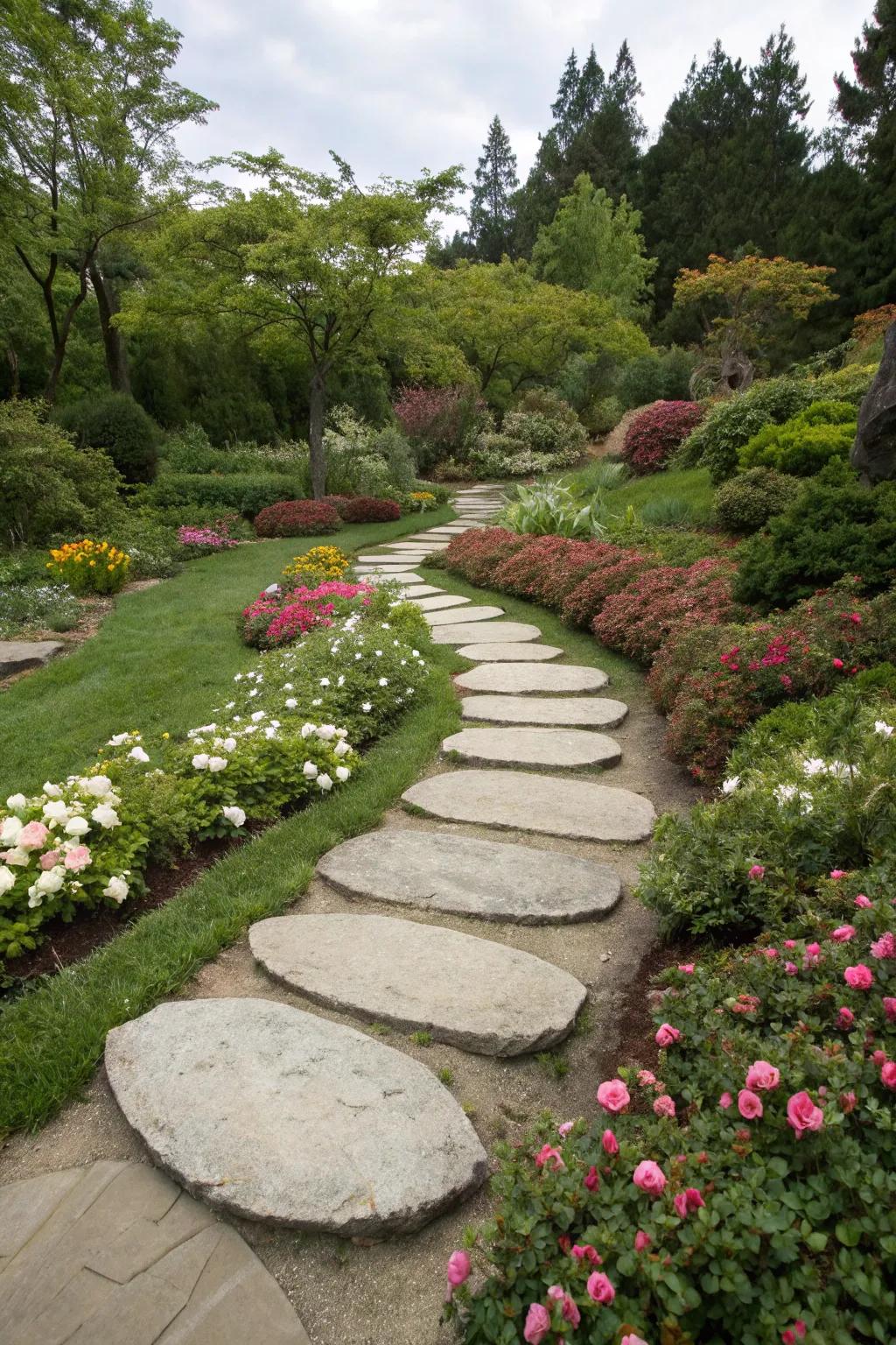 Artistic patterns in stepping stones add a creative flair.