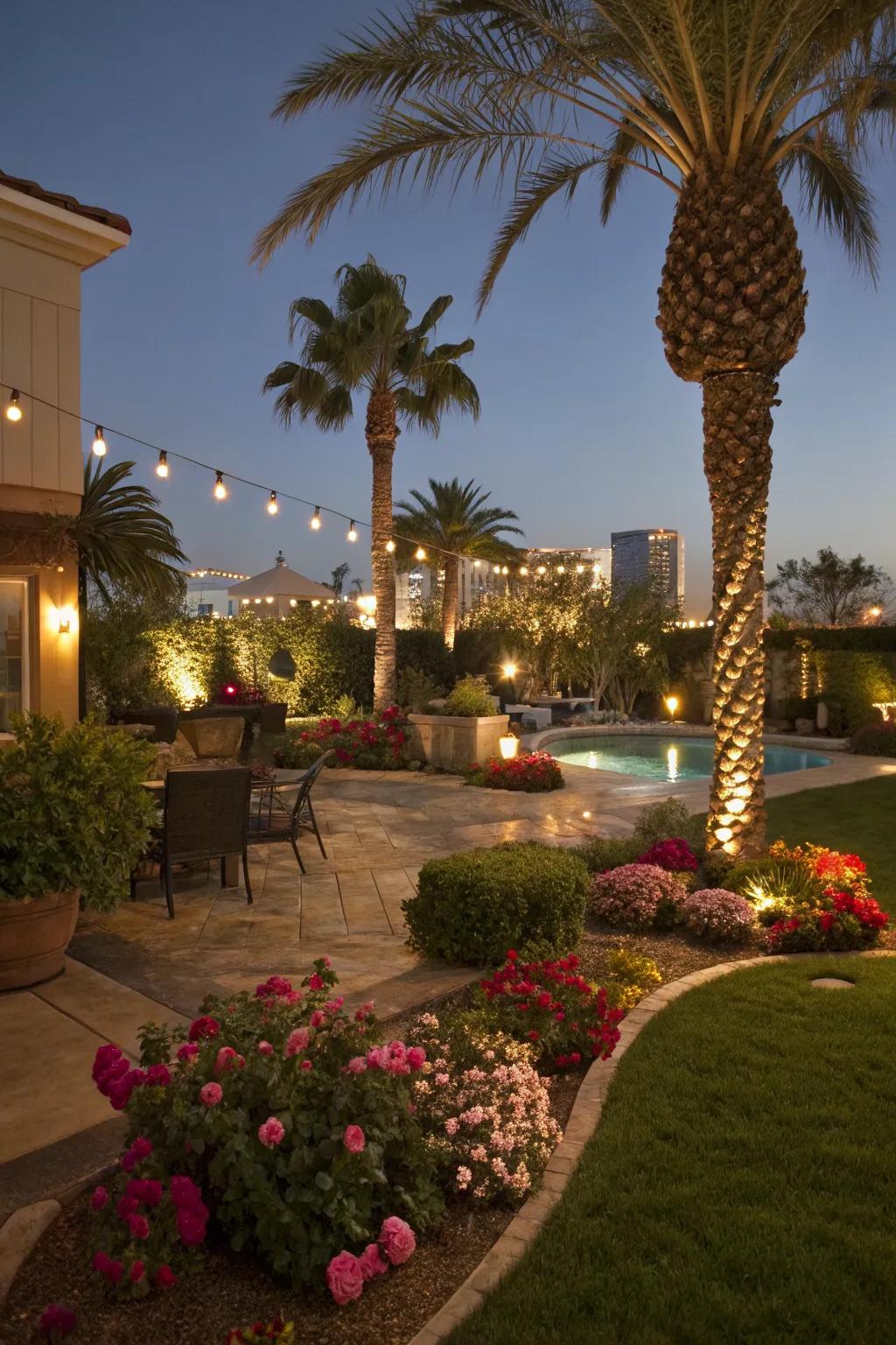 Outdoor lighting adds depth and ambiance.