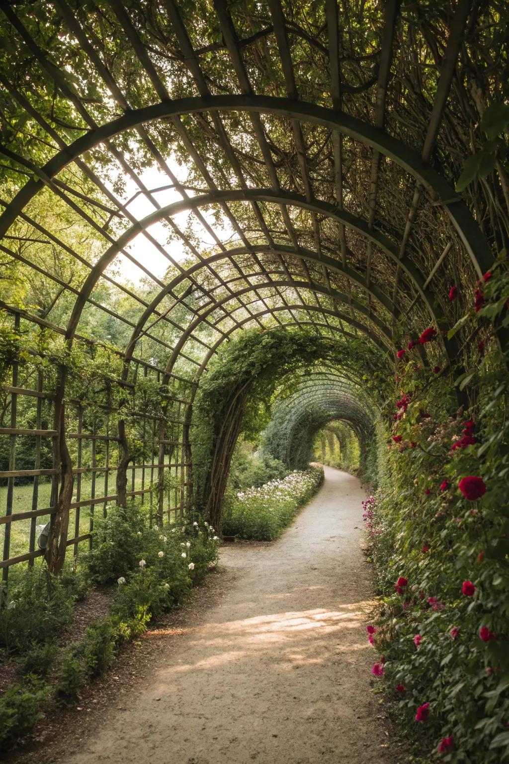 Create a magical garden path with a lattice tunnel.
