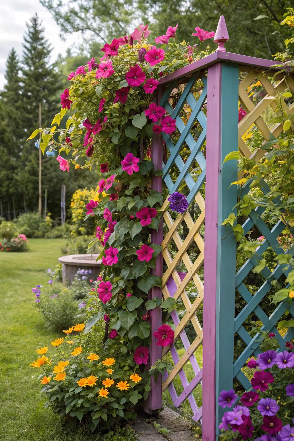 A colorful painted lattice trellis in a vibrant garden.