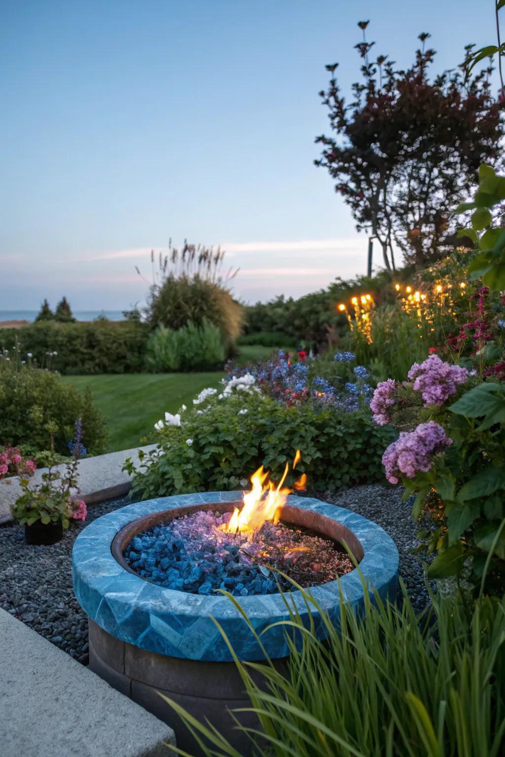 Azure lava glass reflecting the beauty of the sky in a fire pit.