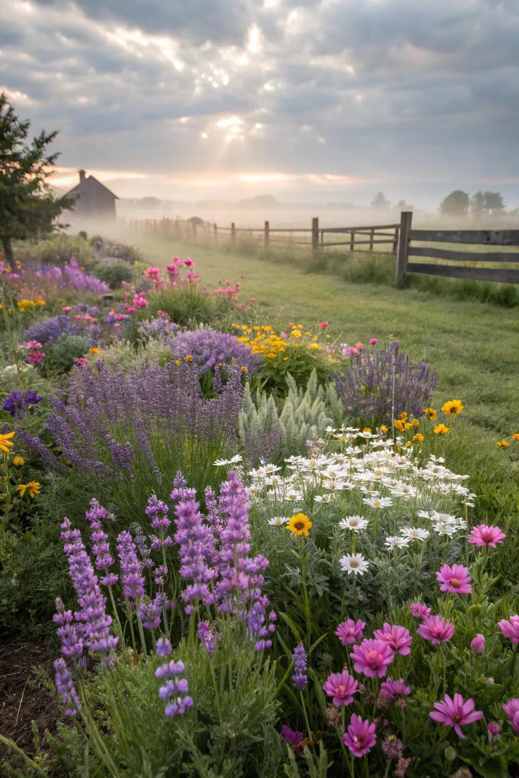 Lavender and wildflowers create a lively garden mix.