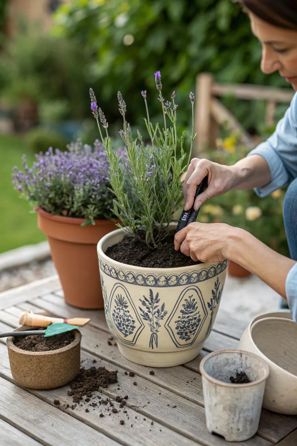 Hands-on potting of lavender for a DIY touch.