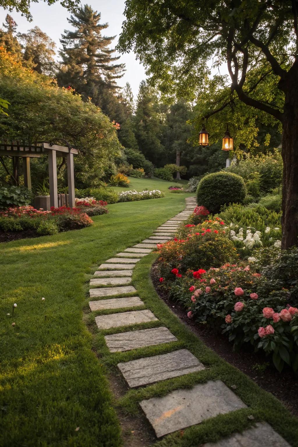 Charming pathways create practical and visual lawn divisions.
