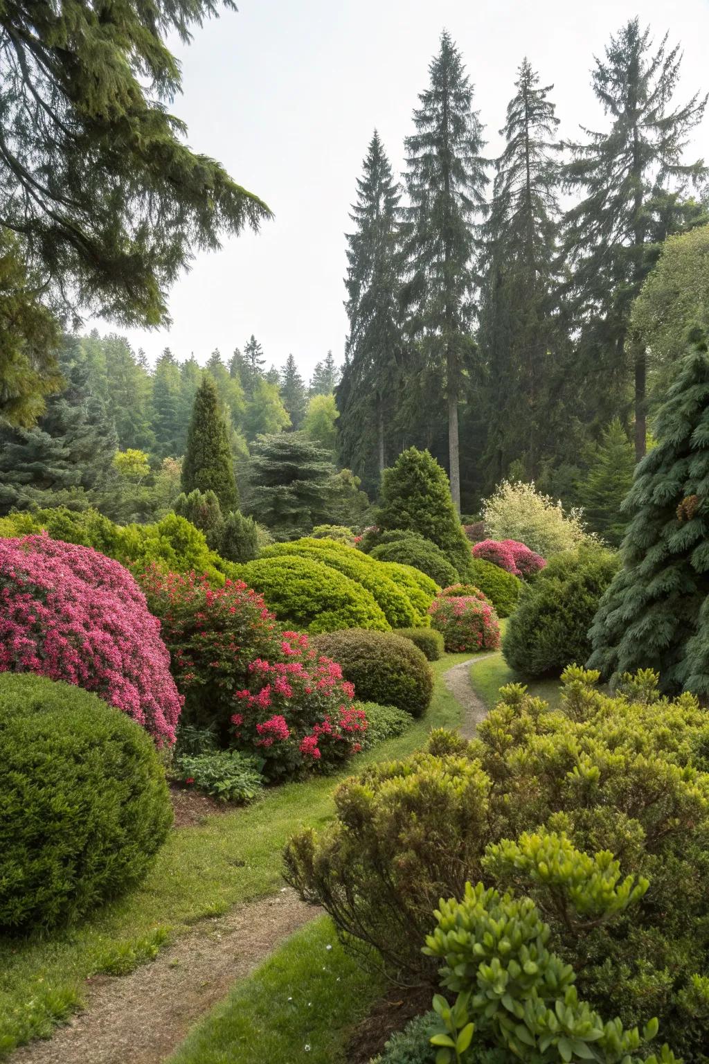 Evergreen shrubs add structure and color throughout the year.