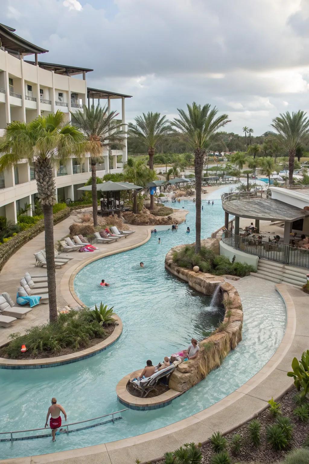 A multi-level lazy river pool with interconnected spa areas, creating a dynamic visual experience.