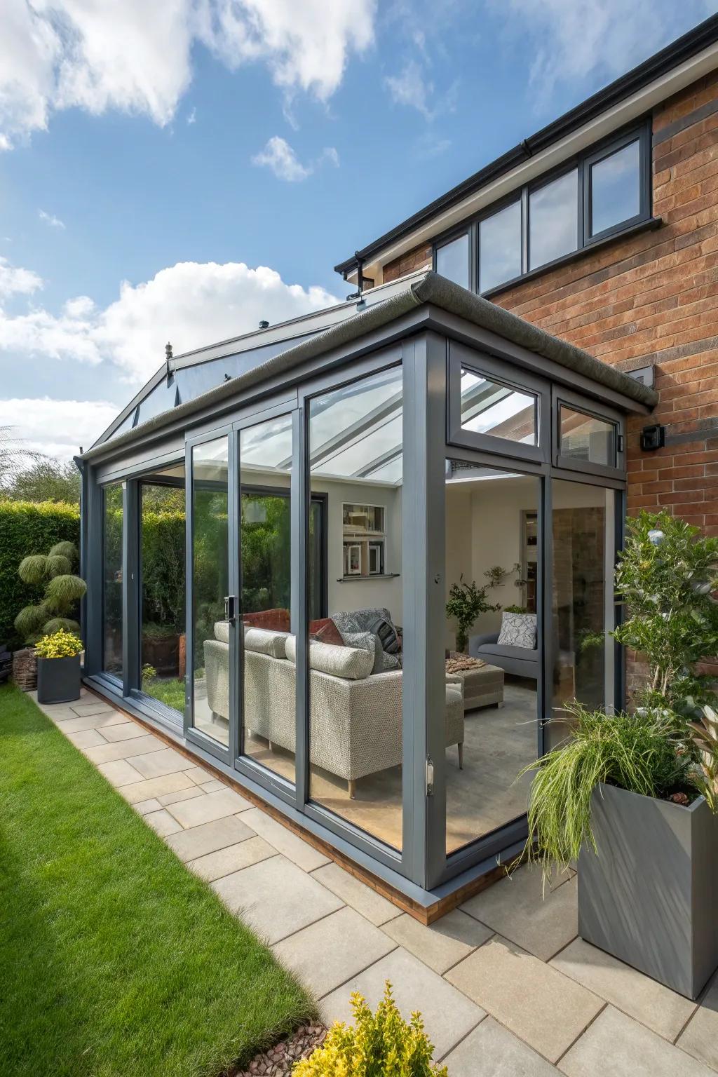 Unique materials create a modern aesthetic in this lean-to conservatory.