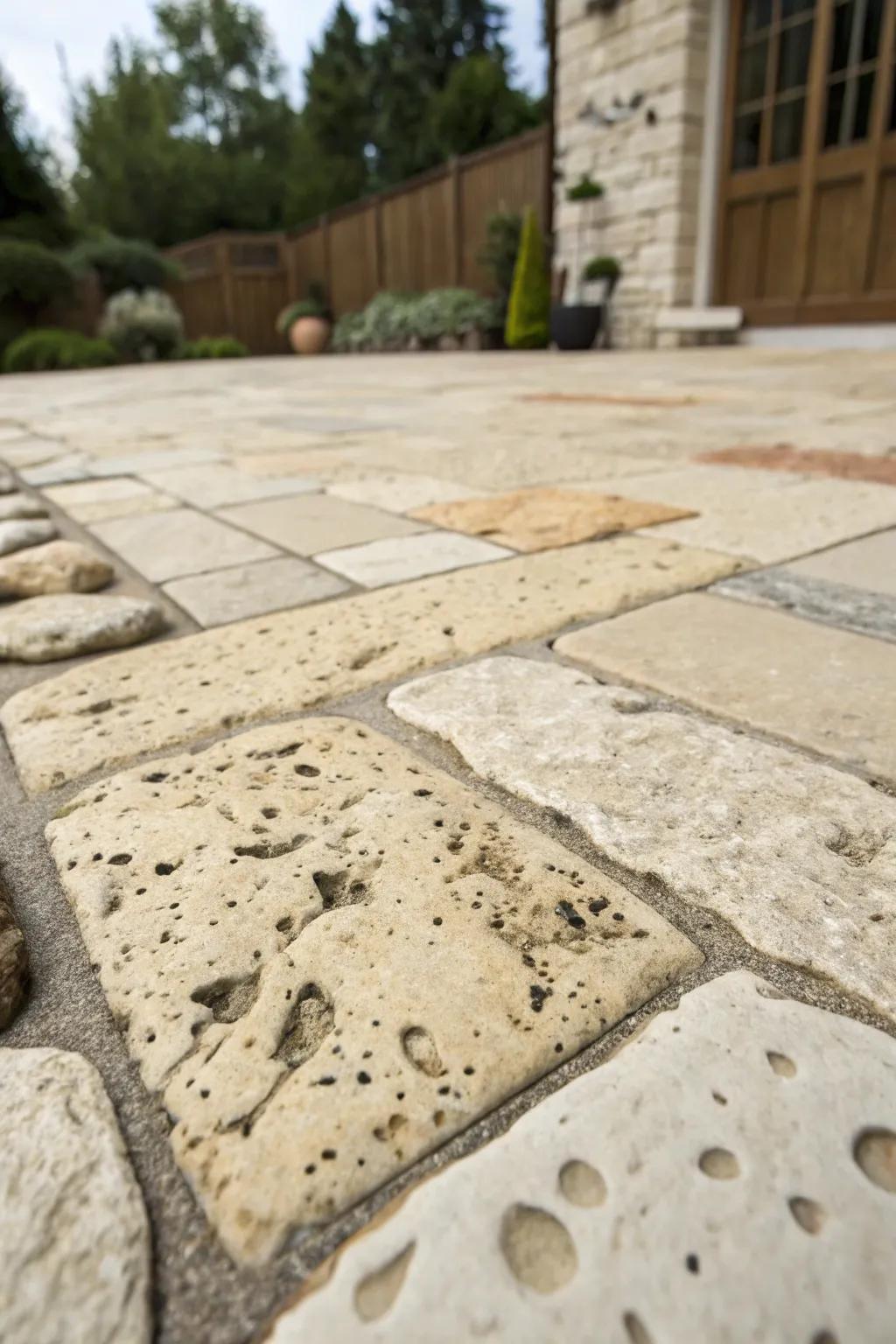 Close-up of a limestone driveway showcasing a variety of textures.