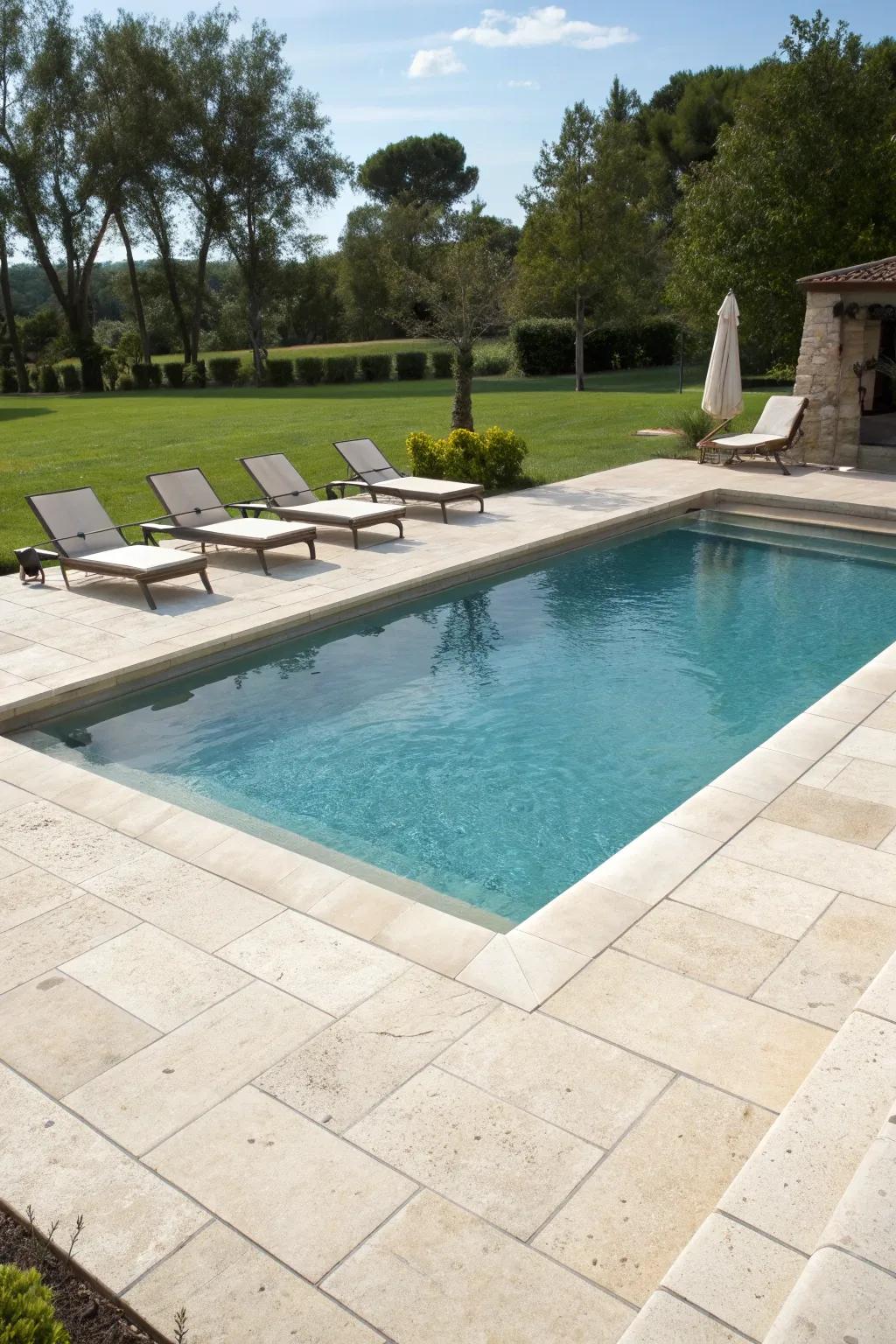 A limestone pool deck combines safety with style.