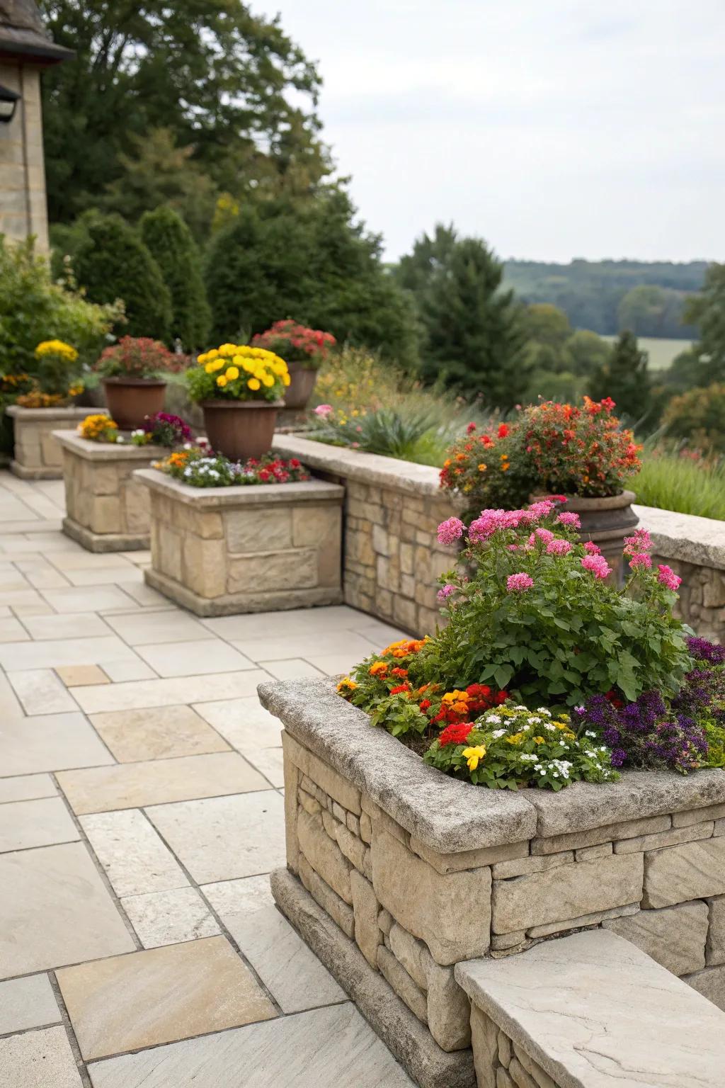 Raised stone planters add height and charm to your patio.