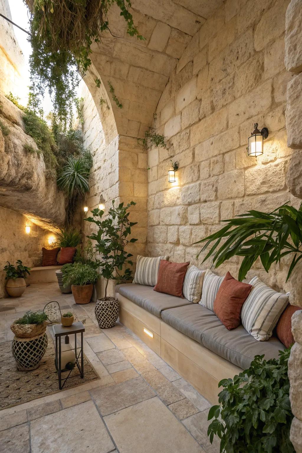 Create intimate spaces with limestone walls.