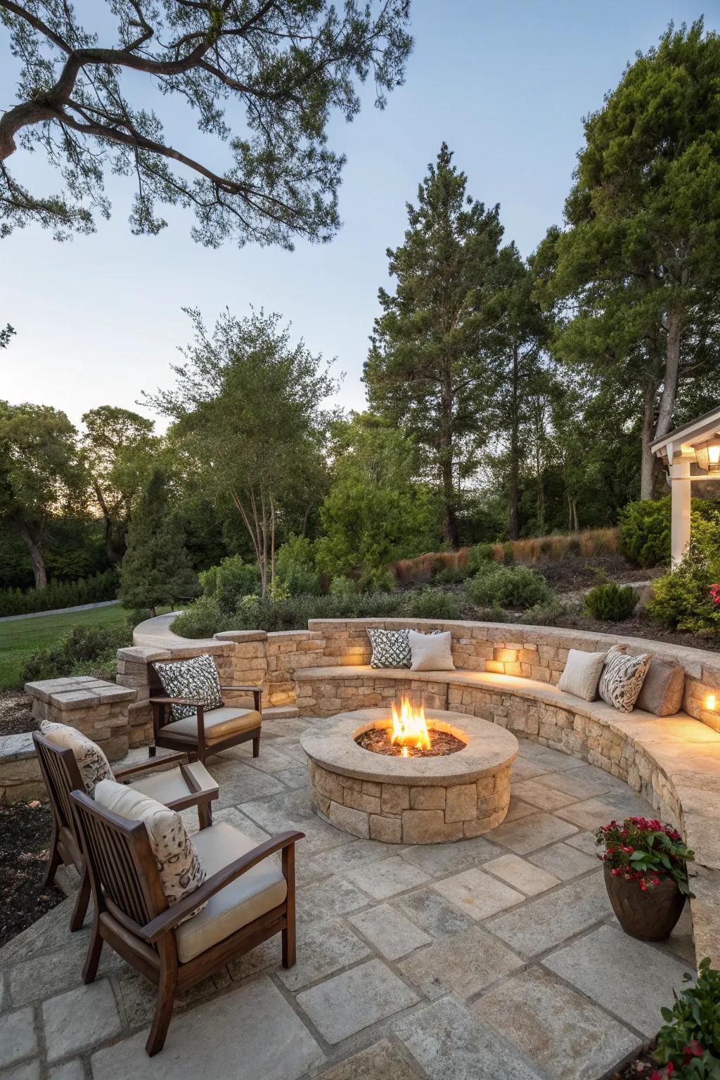 A limestone seating area around a fire pit invites warm gatherings.