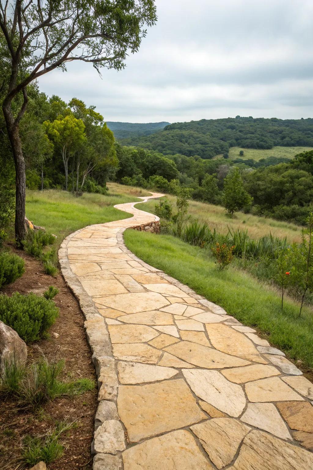 Earth-toned limestone walkway blending with nature.