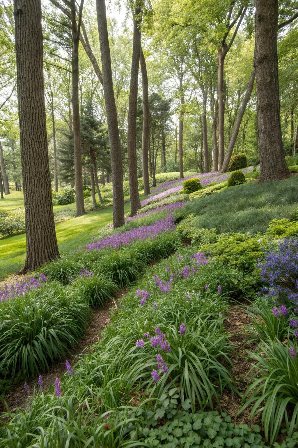 Liriope adding enchanting texture to a woodland garden.