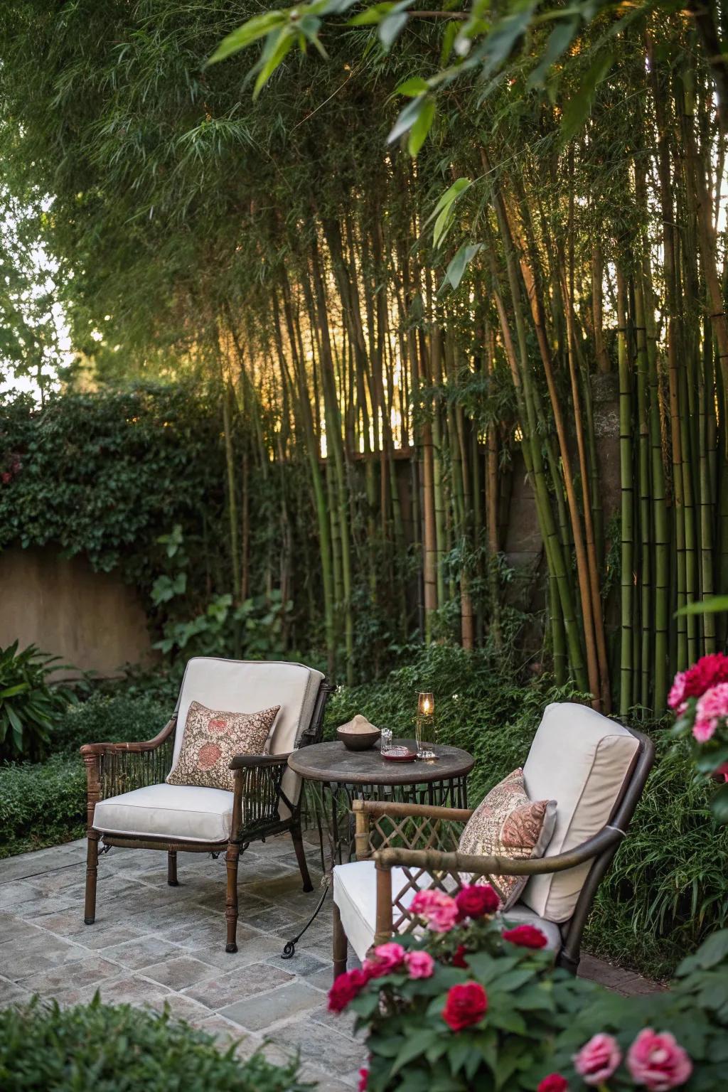 A bamboo backdrop enhancing an outdoor seating area, adding tranquility and style.