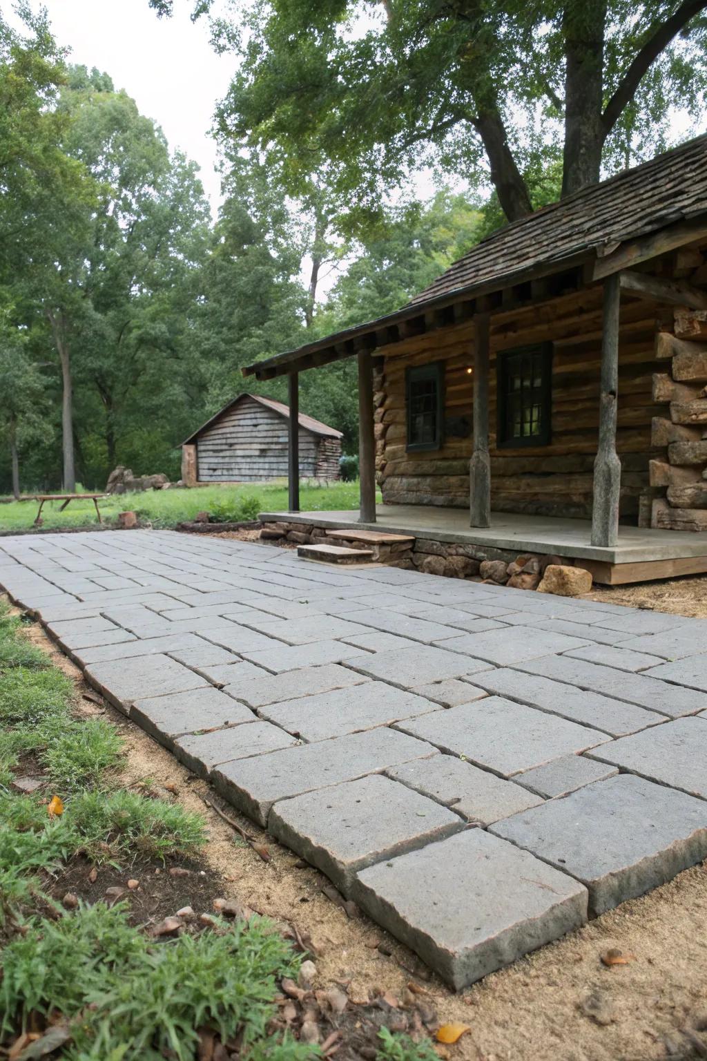 Paving slabs serving as a sturdy base and patio for a log cabin.