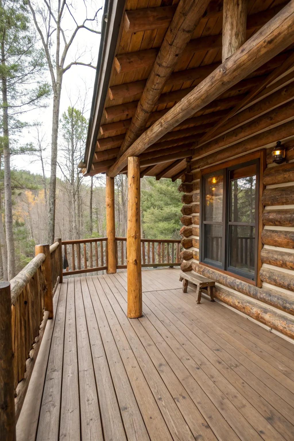 Double top rails add both strength and functionality to this beautiful log cabin deck.
