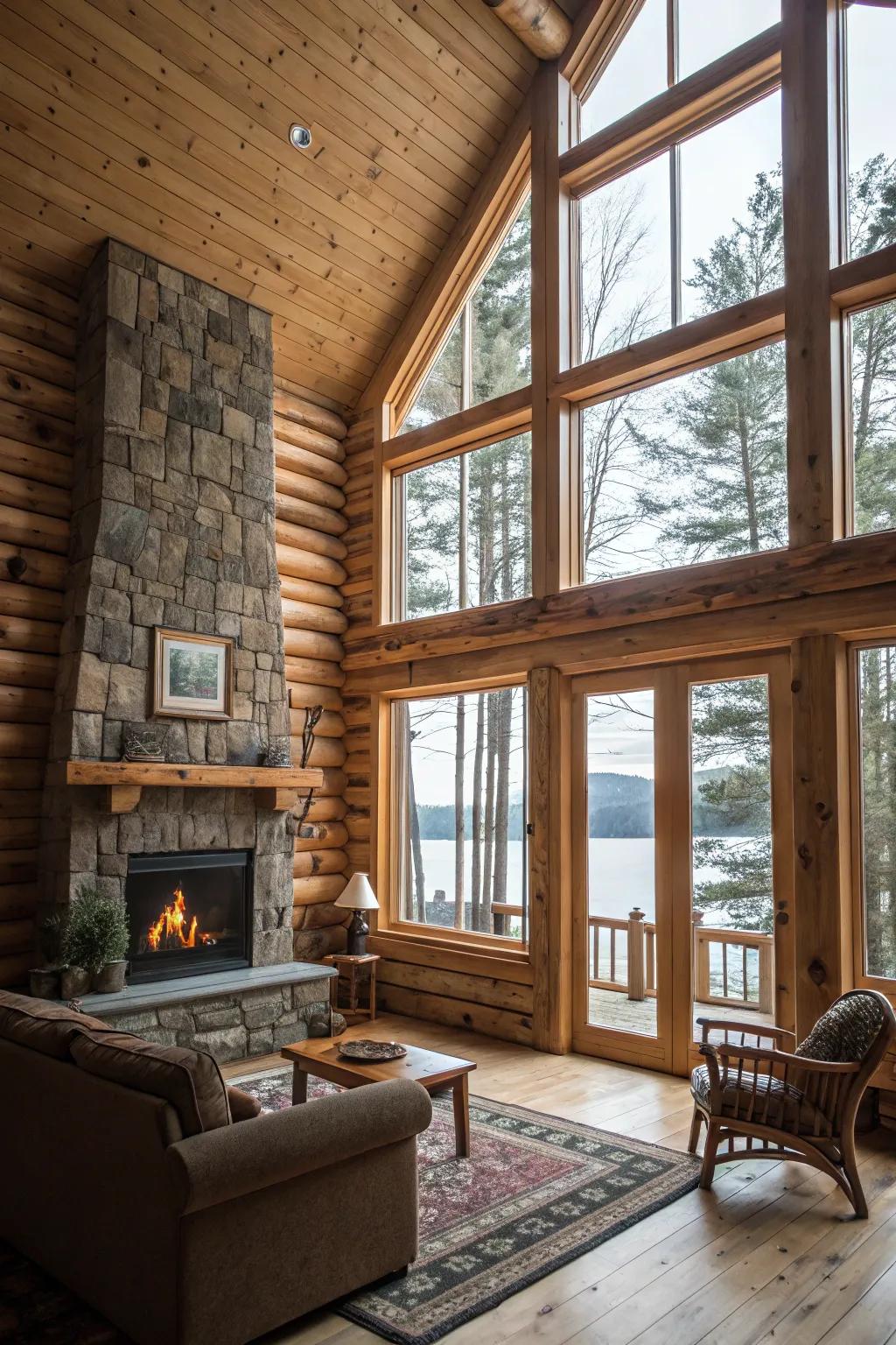 A bright and airy log cabin interior filled with natural light.