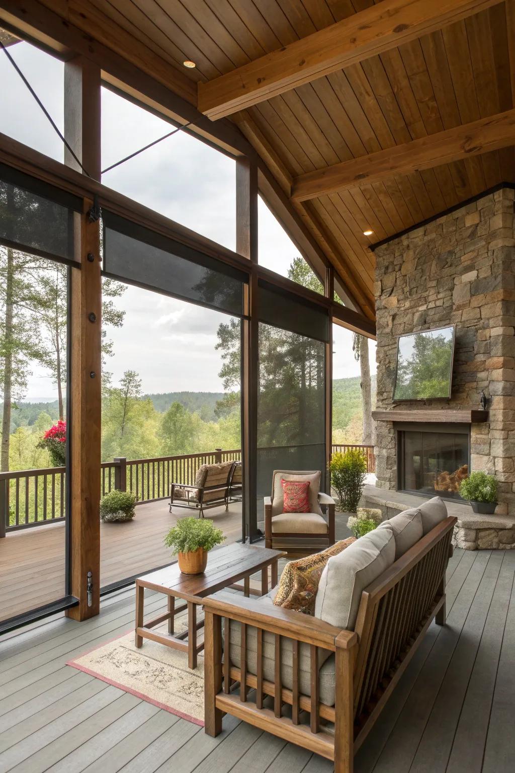 Retractable screen panels on a log cabin porch, offering uninterrupted views while keeping insects at bay.