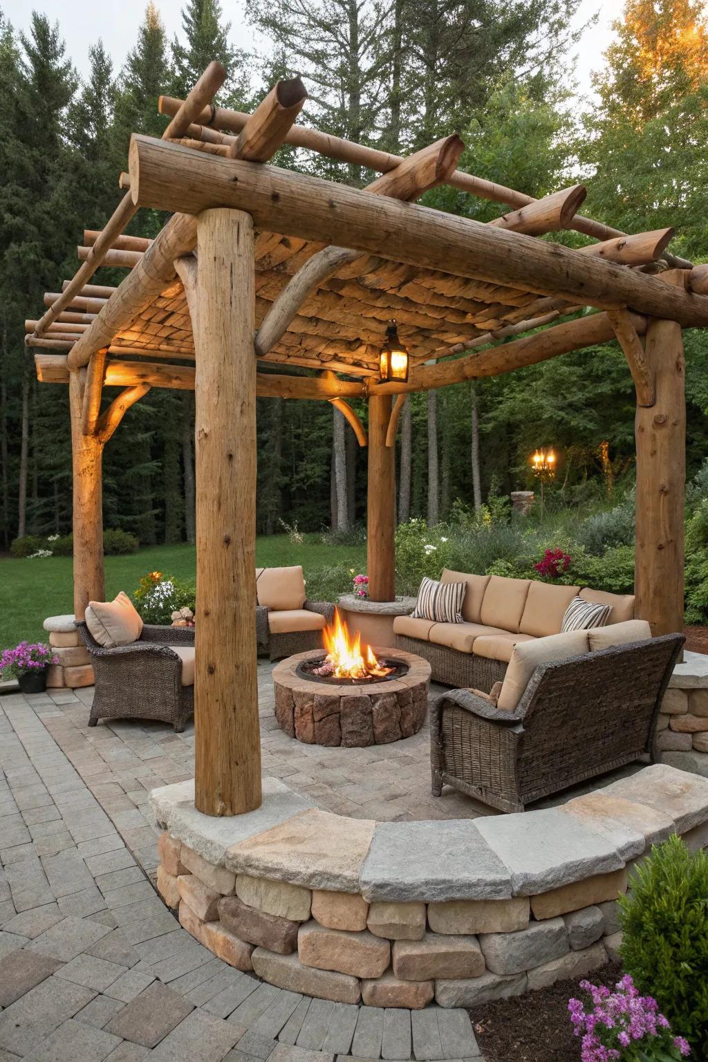 A log pergola featuring a cozy fire pit for gatherings.
