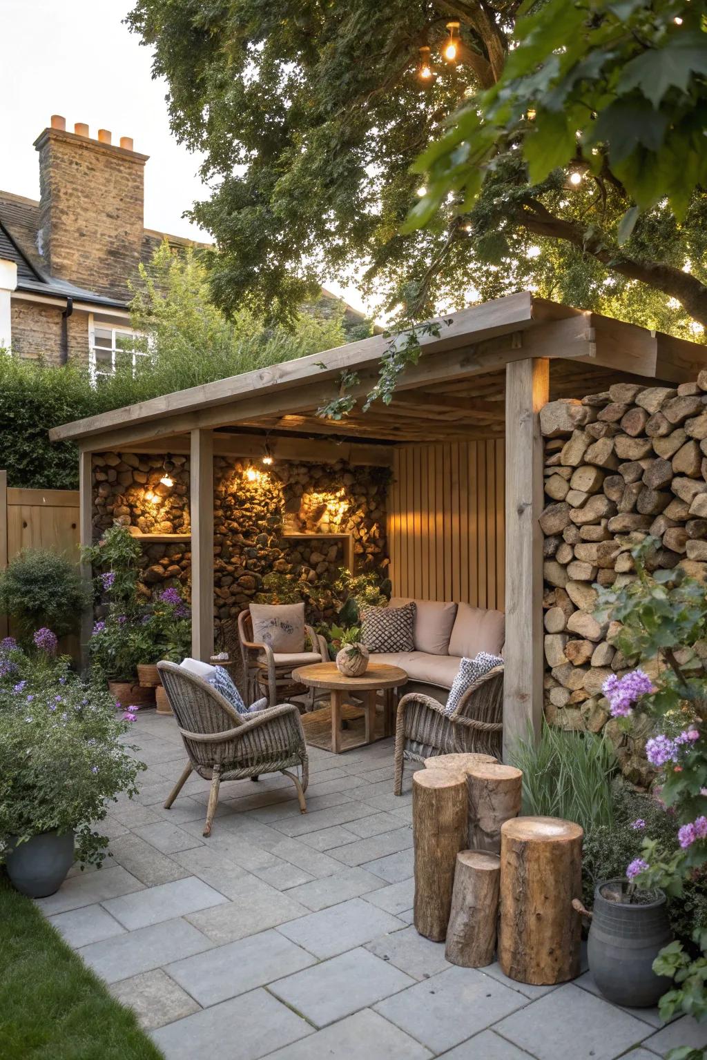 Combine seating with storage for a cozy garden nook.