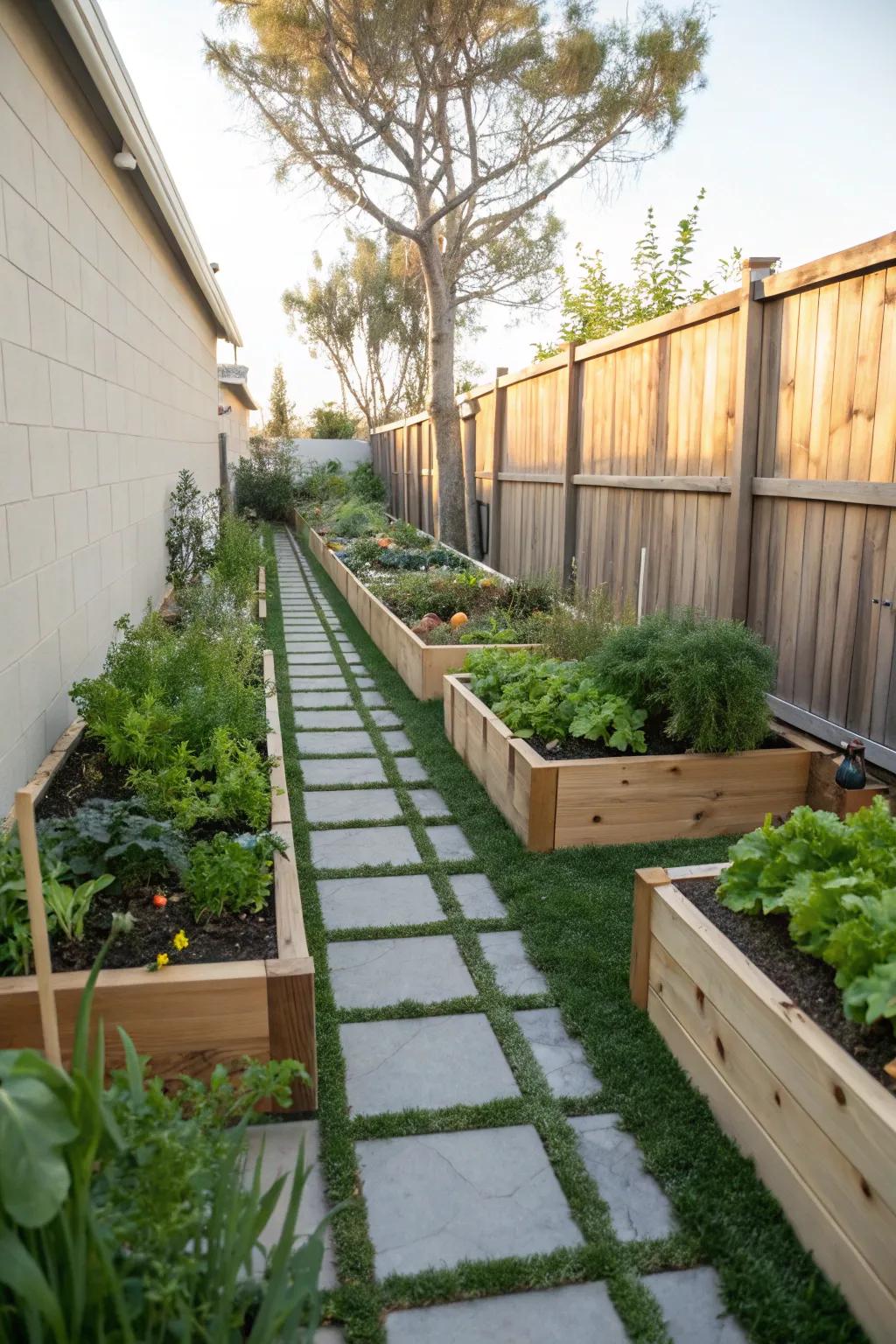 Raised planters for herbs and vegetables add beauty and functionality.