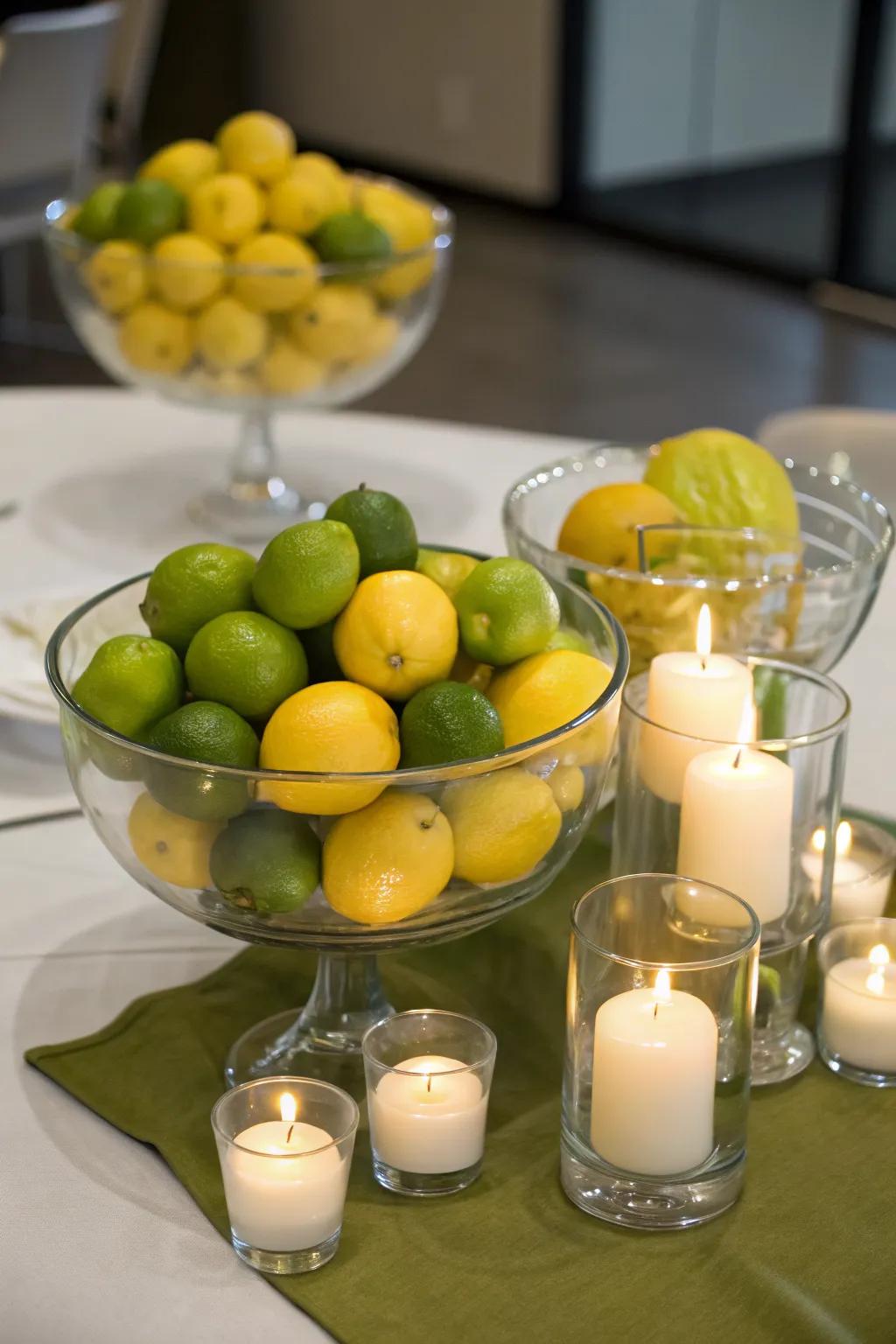 Simple fruit and candle centerpieces add a vibrant touch.