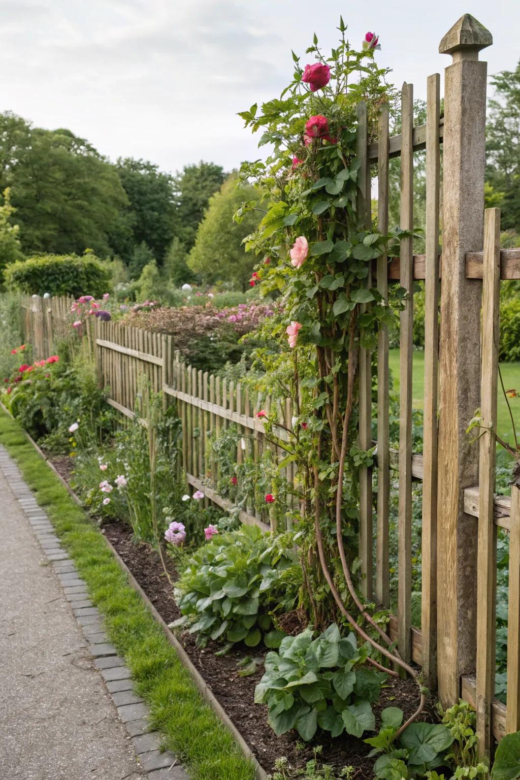 A garden-integrated fence blends with nature effortlessly.