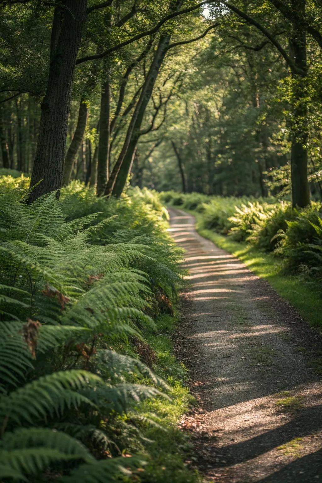 Ferns provide a lush, low-maintenance border in shaded areas.