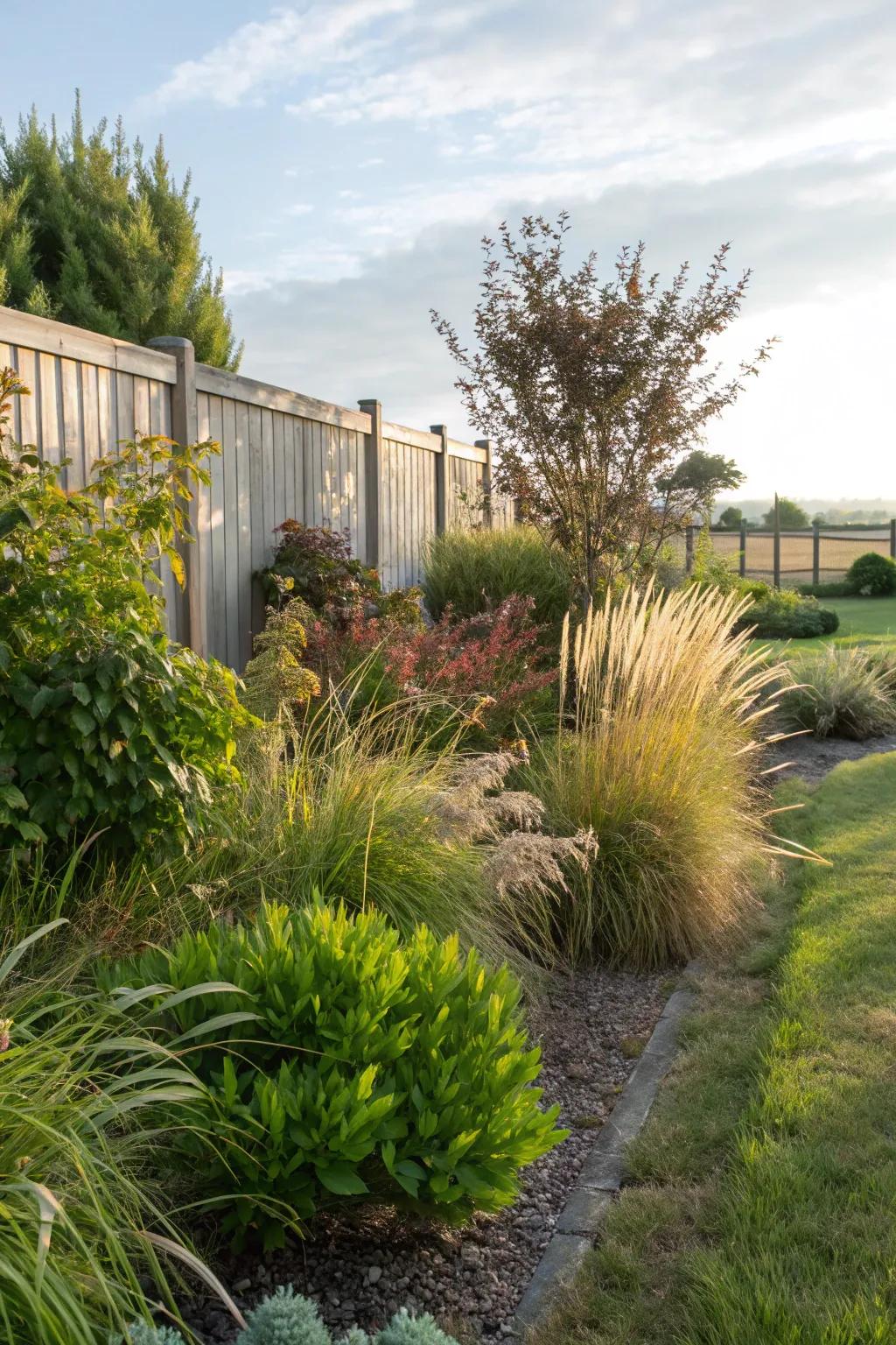 Hardy shrubs and grasses add texture with minimal care.