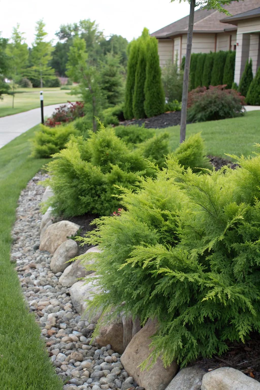 False cypress shrubs offering evergreen texture in a part-shaded front yard.