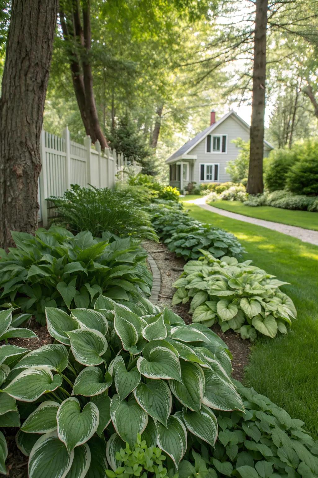 Evergreen perennials adding lushness to a shaded front yard.