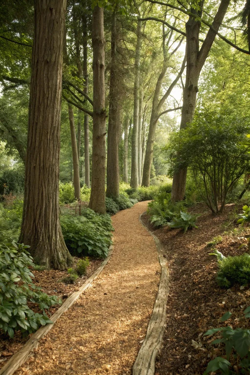 Wood chip paths feel soft to walk on and blend with woodland settings.