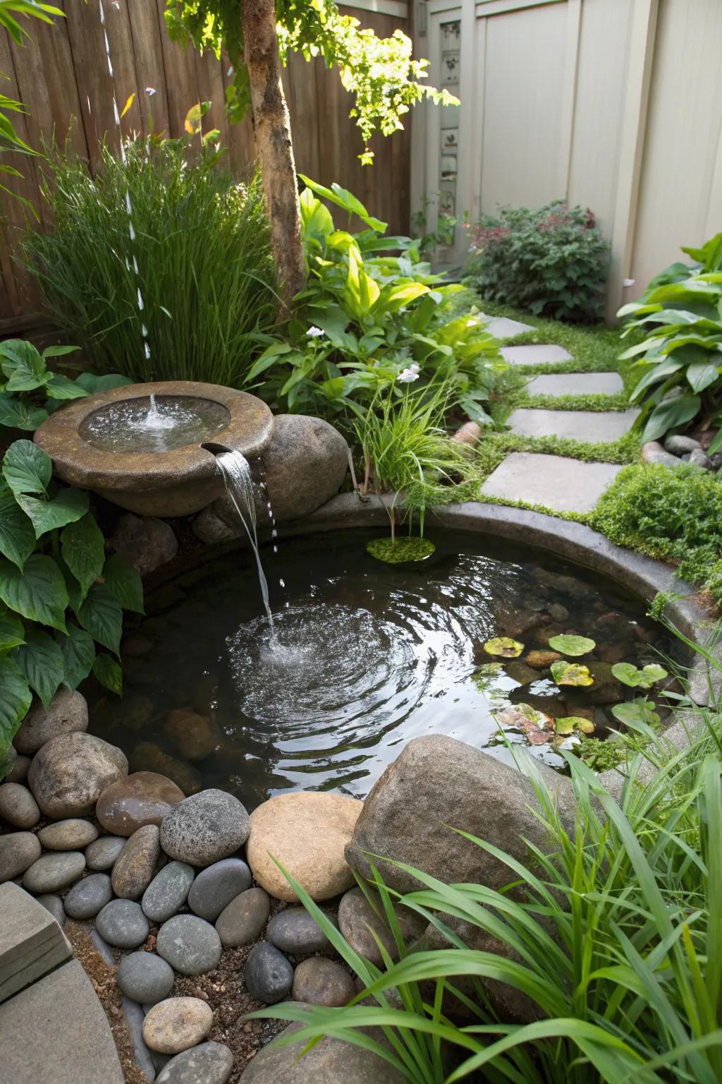 A tranquil water feature in a modern garden.