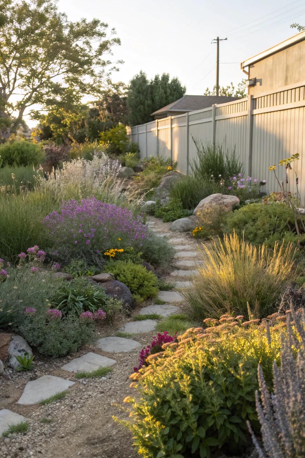 Native plants thriving effortlessly in a side yard.