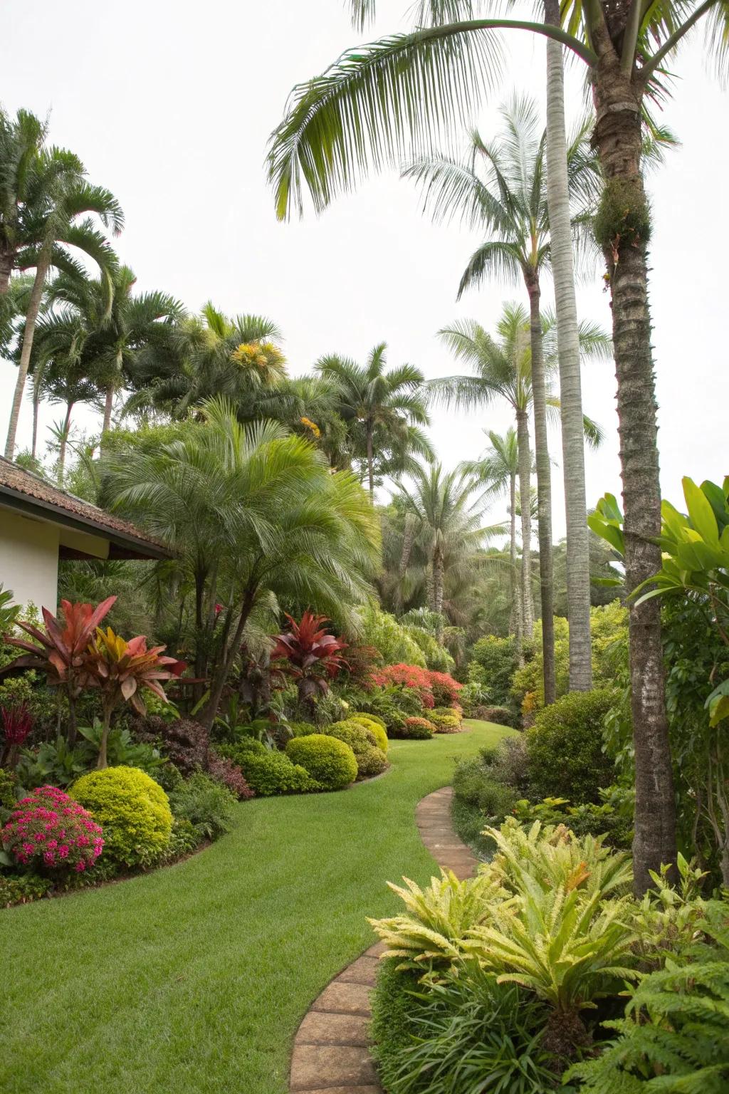 A layered garden design with plants of varying heights adds depth to a tropical front yard.