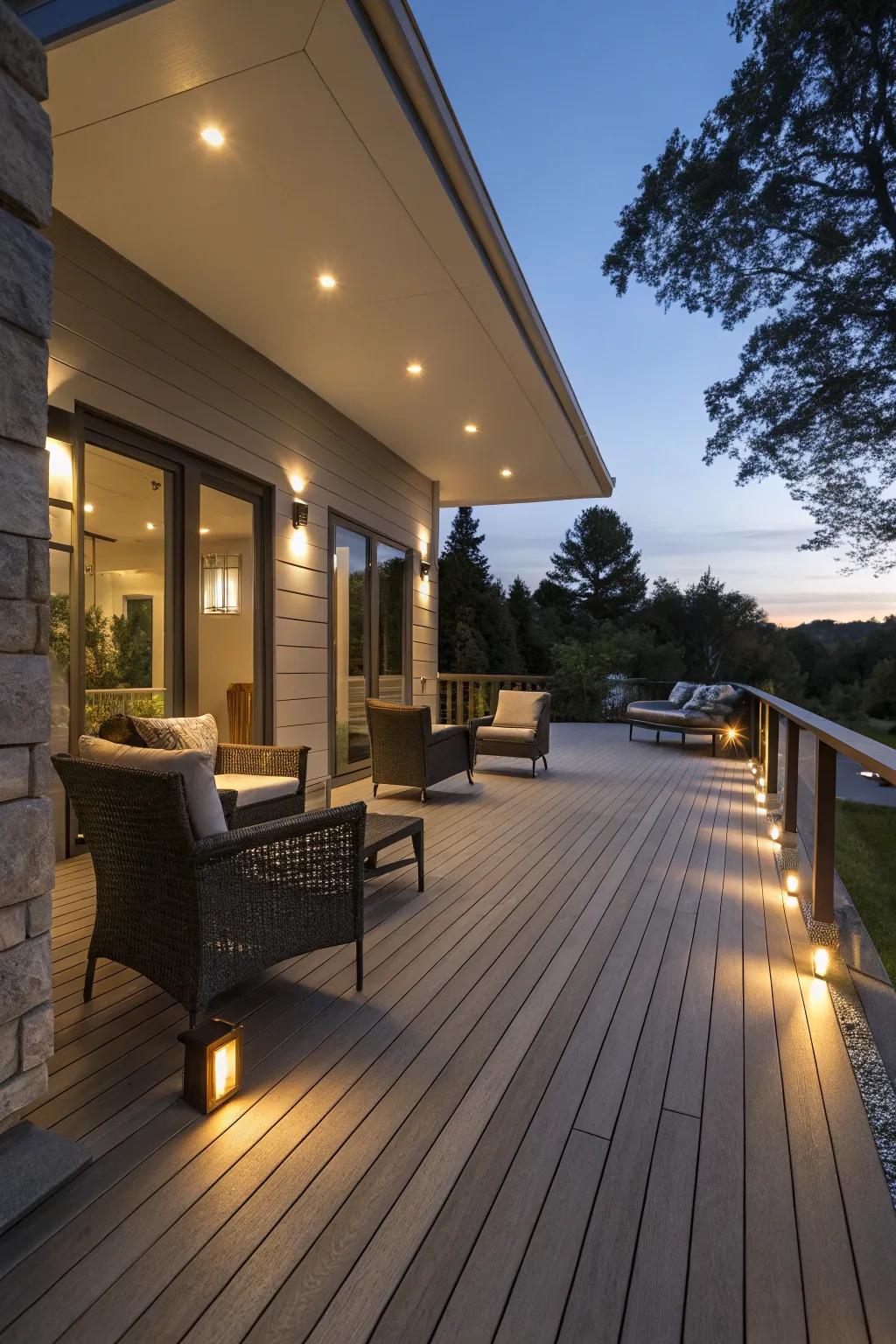 Recessed floor lights offer a chic, modern ambiance.