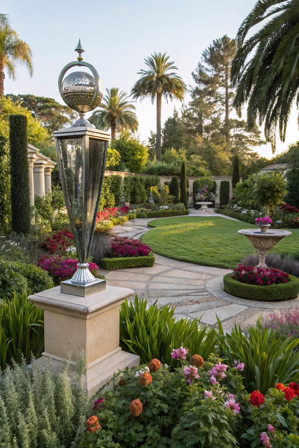 A modern sculpture serving as a focal point in a luxurious garden.