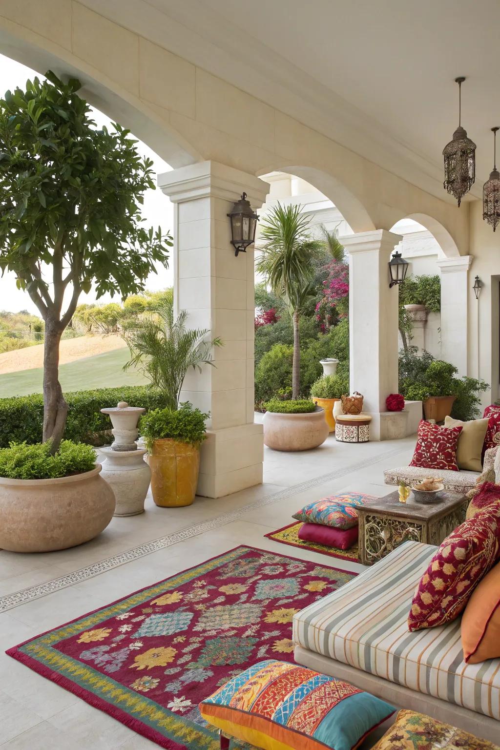 Stylish decorative elements bring life to the patio.