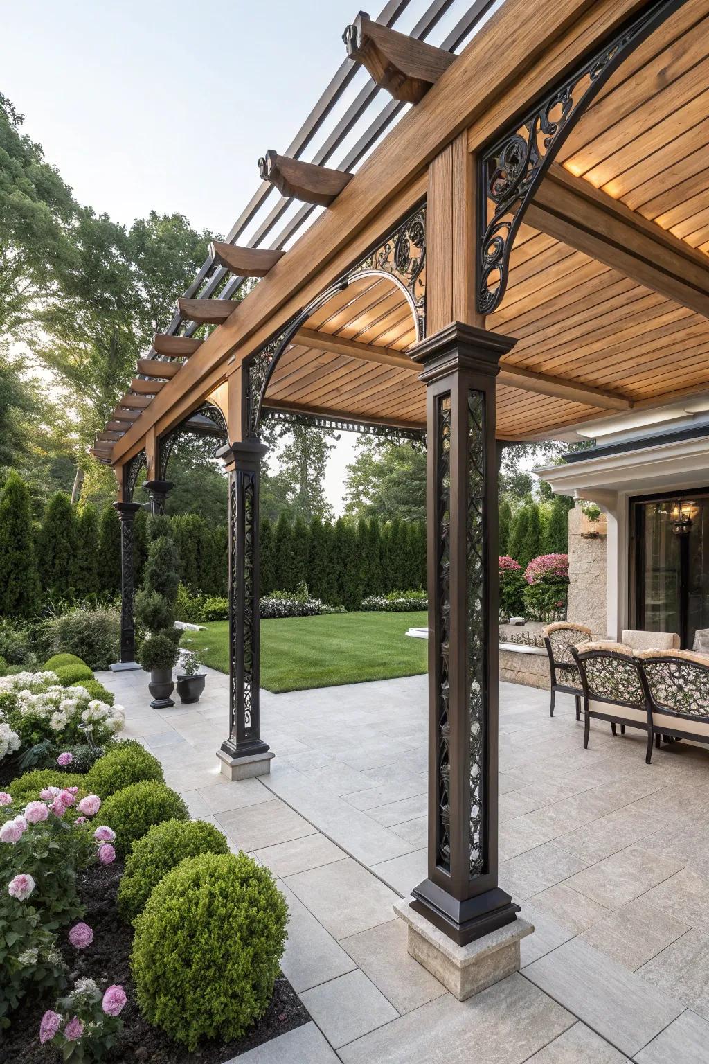 Premium materials like wood and metal add opulence to a luxury pergola.